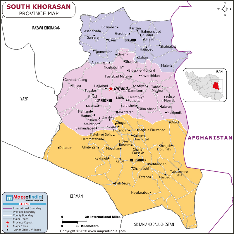 South Khorasan map showing location, boundaries, major cities and geographical features of the Republic of South Khorasan in Iran