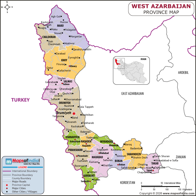west-azarbaijan map showing location, boundaries, major cities and geographical features of the Republic of west-azarbaijan in Iran