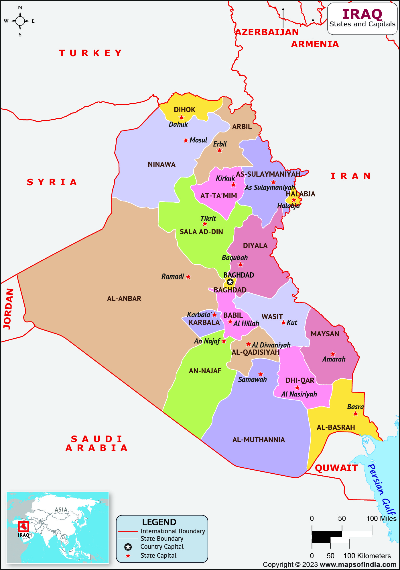 Iraq Governorates  and Capital Map