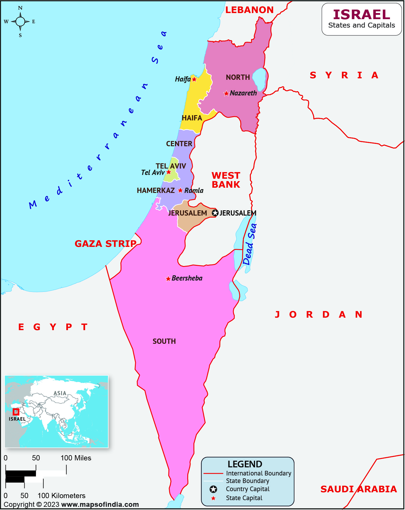 Israel Districts  and Capital Map