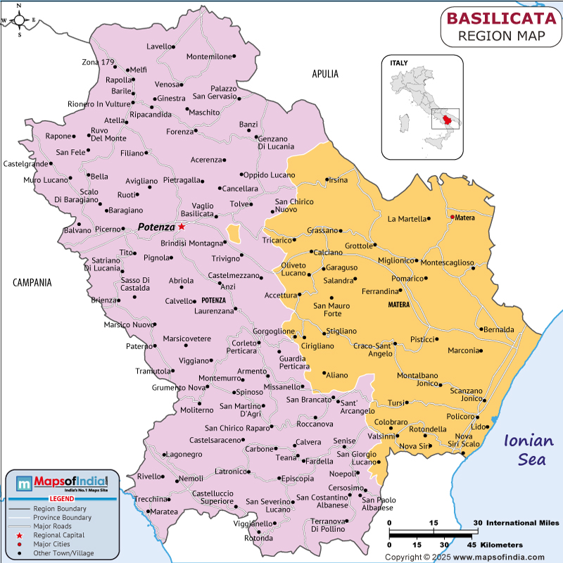Basilicata map showing location, boundaries, major cities and geographical features of the Republic of Basilicata in Italy