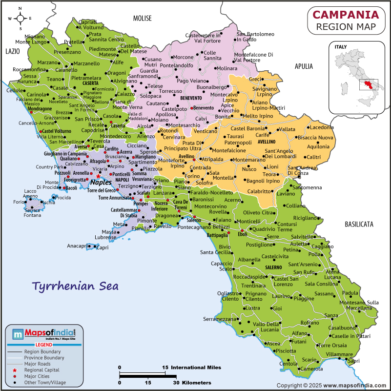 Campania Map | Location and Geography of Campania Italy Campania map showing location, boundaries, major cities and geographical features of the Republic of Campania in Italy
