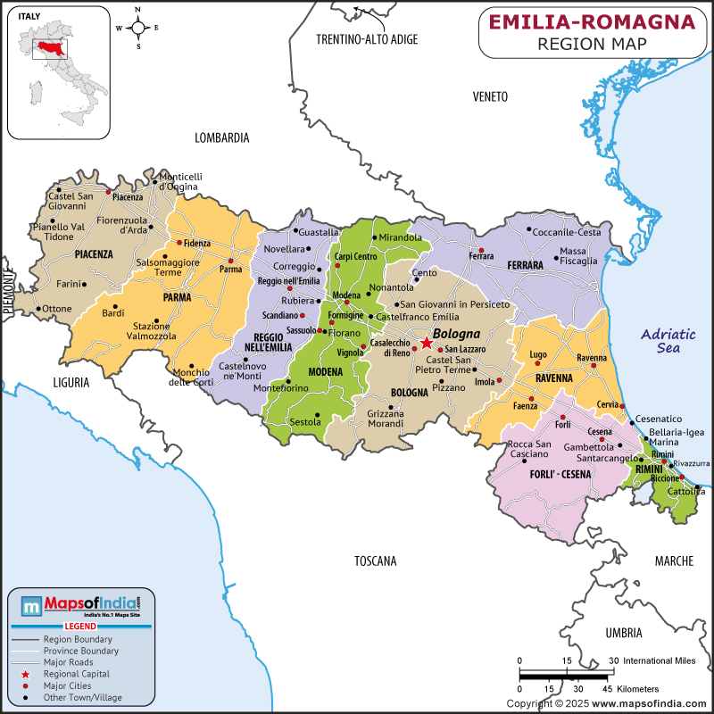 Emilia-Romagna Map | Location and Geography of Emilia-Romagna Italy Emilia-Romagna map showing location, boundaries, major cities and geographical features of the Republic of Emilia-Romagna in Italy