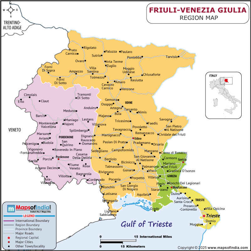 Friuli-Venezia Giulia map showing location, boundaries, major cities and geographical features of the Republic of Friuli-Venezia Giulia in Italy