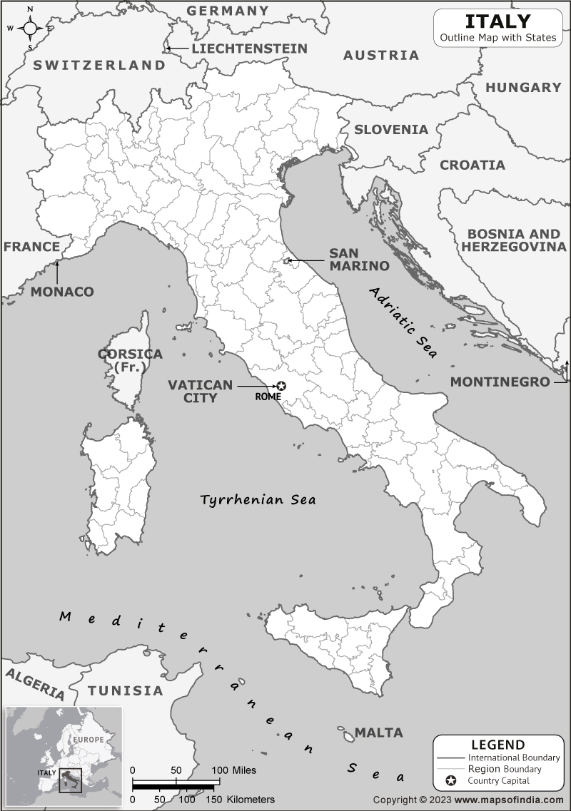 Italy Outline Map Italy Outline Map with State Boundaries