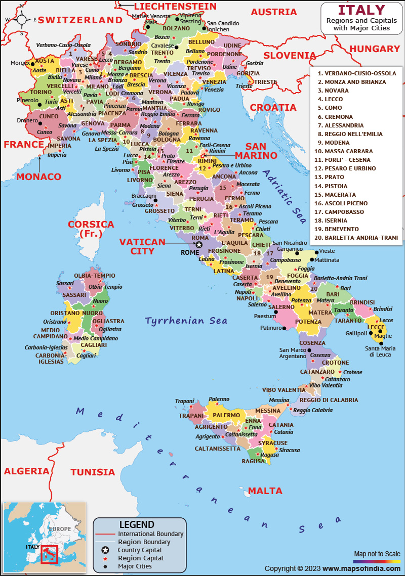 Italy Regions and Capital Map