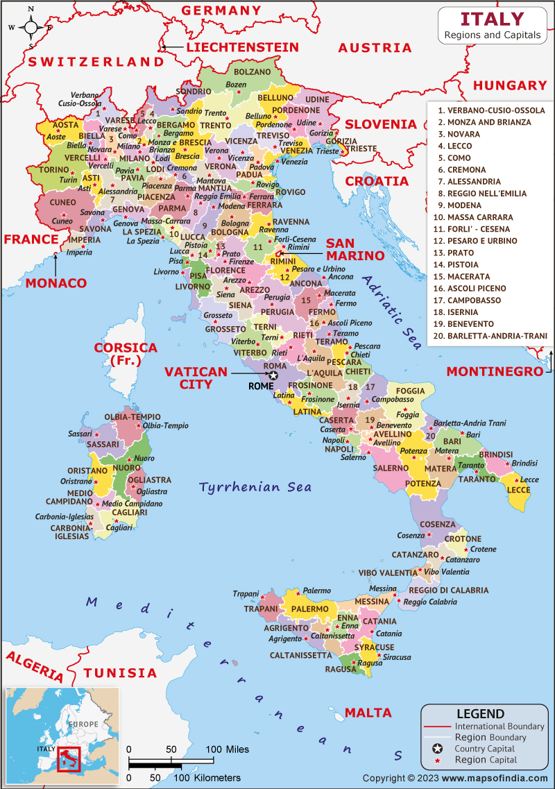 Italy Regions  and Capital Map