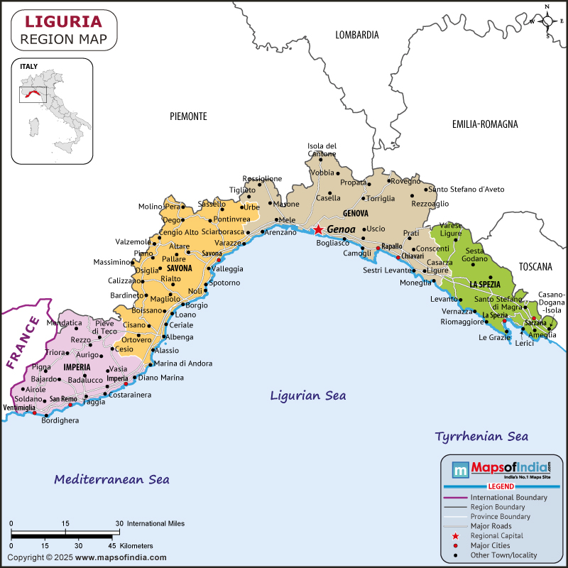 Liguria map showing location, boundaries, major cities and geographical features of the Republic of Liguria in Italy