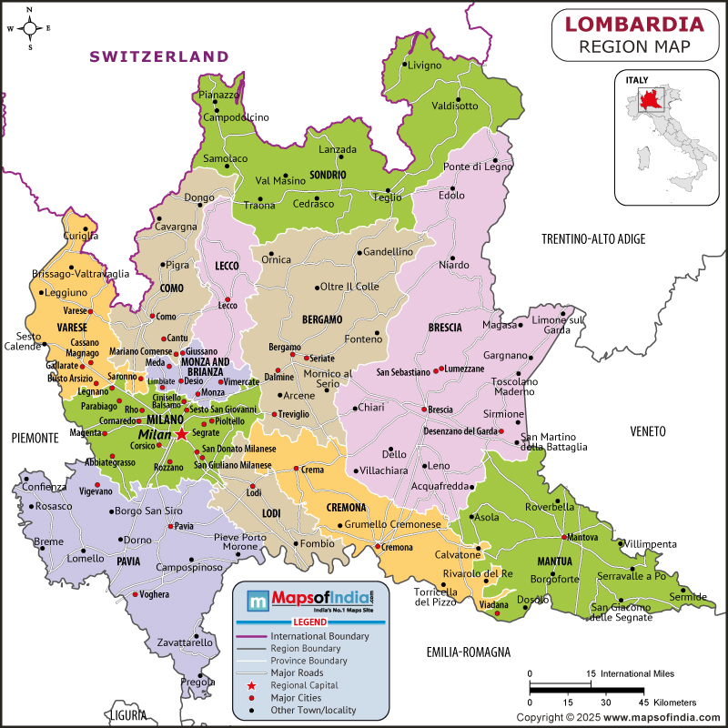 Lombardy Map | Location and Geography of Lombardy Italy Lombardy map showing location, boundaries, major cities and geographical features of the Republic of Lombardy in Italy