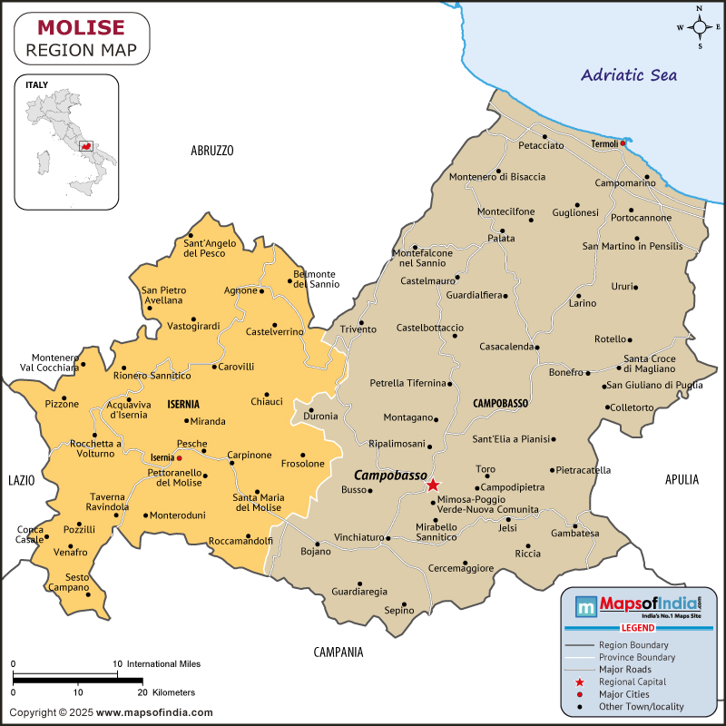 Molise map showing location, boundaries, major cities and geographical features of the Republic of Molise in Italy