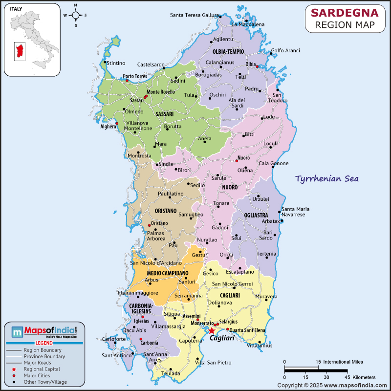 Sardinia map showing location, boundaries, major cities and geographical features of the Republic of Sardinia in Italy