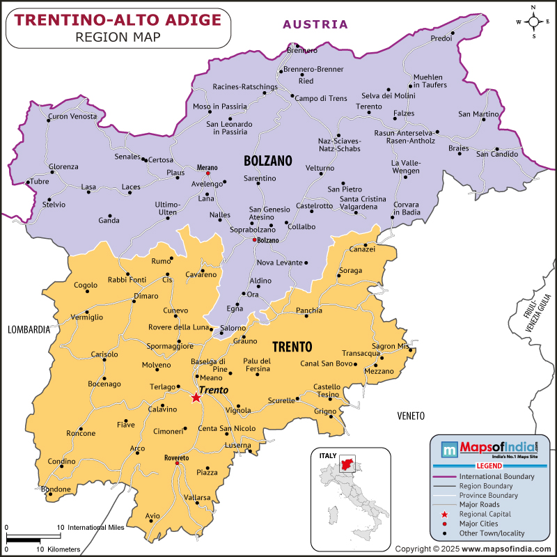 Trentino-Alto Adige map showing location, boundaries, major cities and geographical features of the Republic of Trentino-Alto Adige in Italy