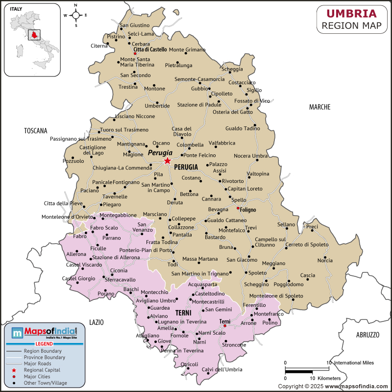 Umbria map showing location, boundaries, major cities and geographical features of the Republic of Umbria in Italy