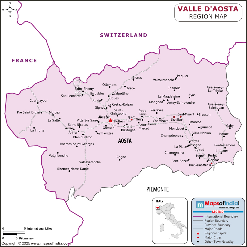 Valle d’Aosta map showing location, boundaries, major cities and geographical features of the Republic of Valle d’Aosta in Italy