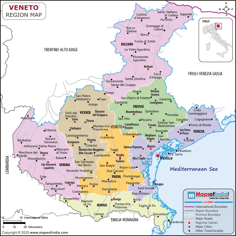 Veneto map showing location, boundaries, major cities and geographical features of the Republic of Veneto in Italy