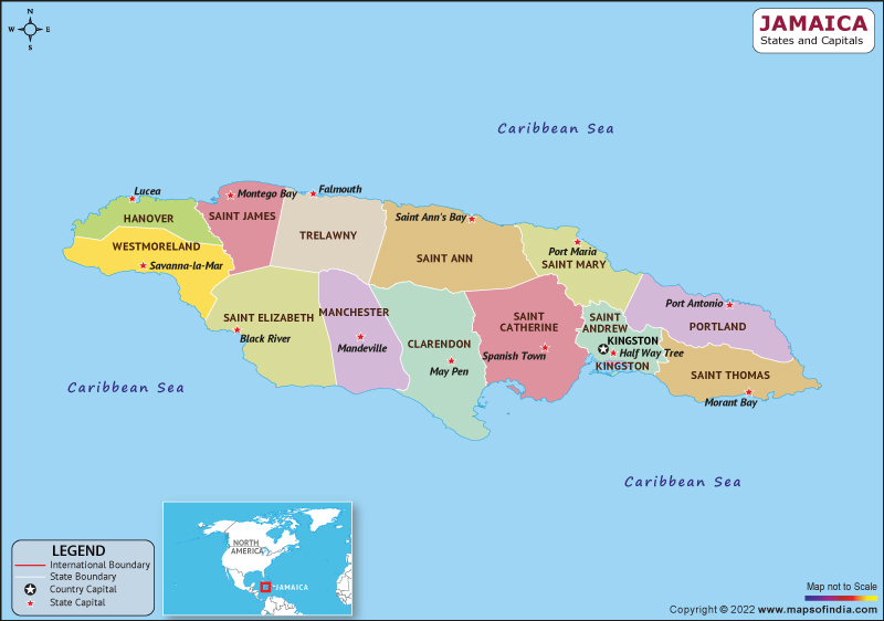 Jamaica Parishes  and Capital Map