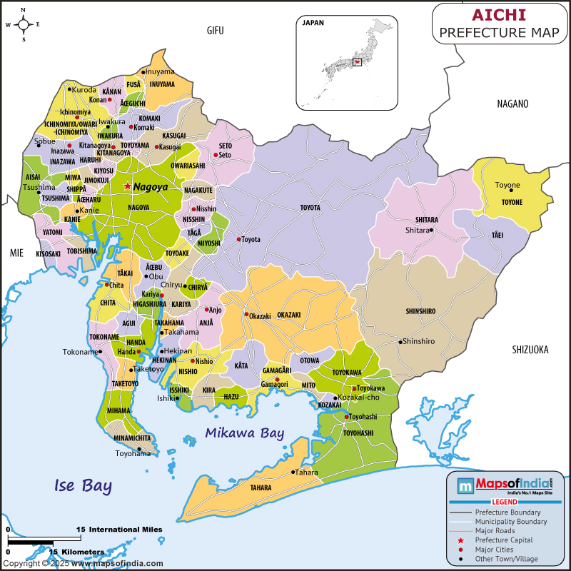 Aichi map showing location, boundaries, major cities and geographical features of the Republic of Aichi in Japan