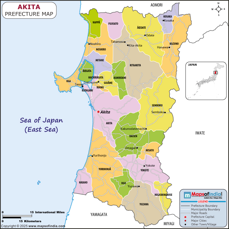 Akita map showing location, boundaries, major cities and geographical features of the Republic of Akita in Japan