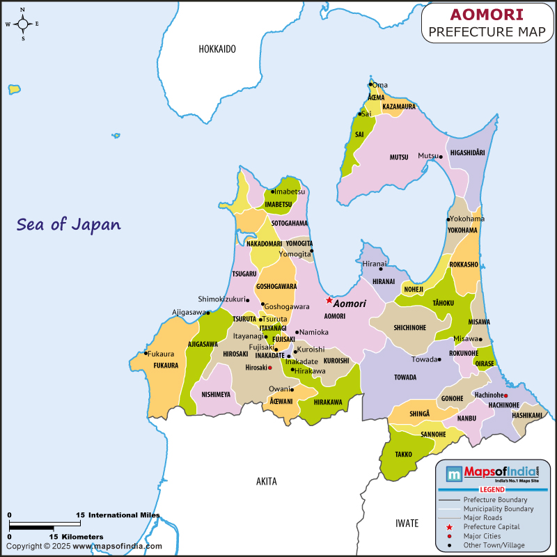 Aomori map showing location, boundaries, major cities and geographical features of the Republic of Aomori in Japan