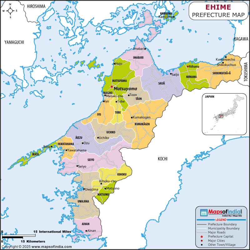 Ehime Map | Location and Geography of Ehime Japan Ehime map showing location, boundaries, major cities and geographical features of the Republic of Ehime in Japan