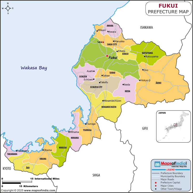 Fukui map showing location, boundaries, major cities and geographical features of the Republic of Fukui in Japan