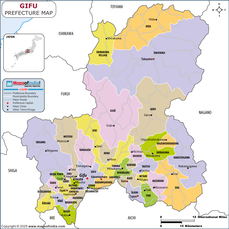 Gifu map showing location, boundaries, major cities and geographical features of the Republic of Gifu in Japan
