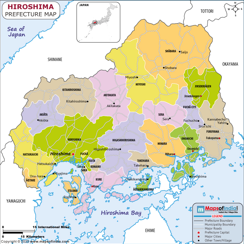 Hiroshima Map | Location and Geography of Hiroshima Japan Hiroshima map showing location, boundaries, major cities and geographical features of the Republic of Hiroshima in Japan