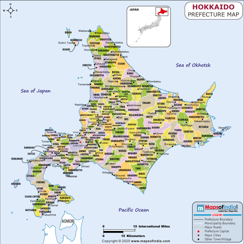 Hokkaido map showing location, boundaries, major cities and geographical features of the Republic of Hokkaido in Japan