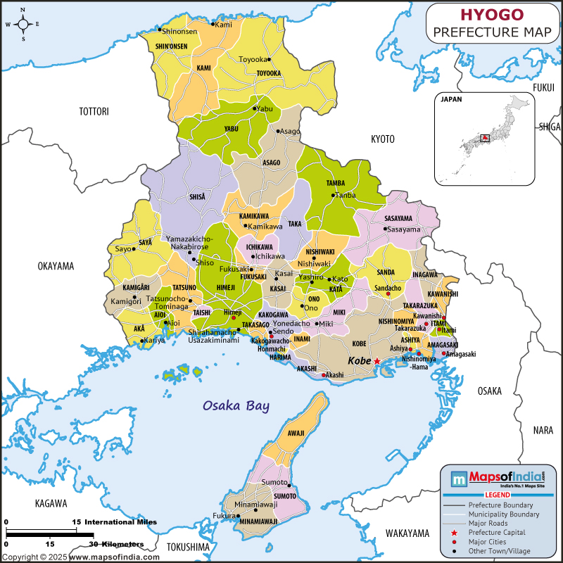 Hyogo Map | Location and Geography of Hyogo Japan Hyogo map showing location, boundaries, major cities and geographical features of the Republic of Hyogo in Japan