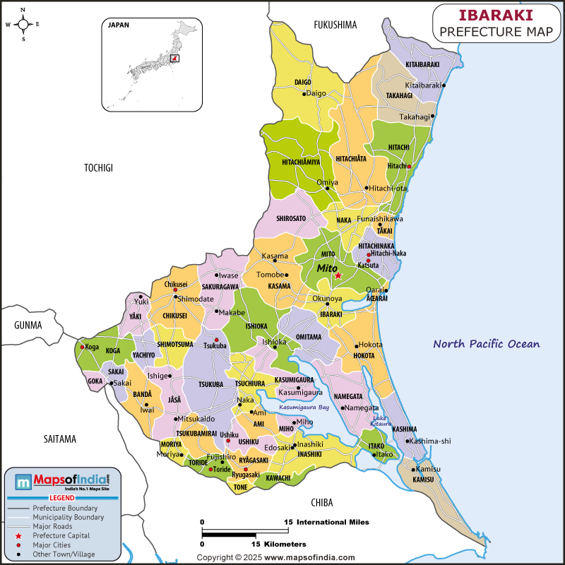Ibaraki map showing location, boundaries, major cities and geographical features of the Republic of Ibaraki in Japan