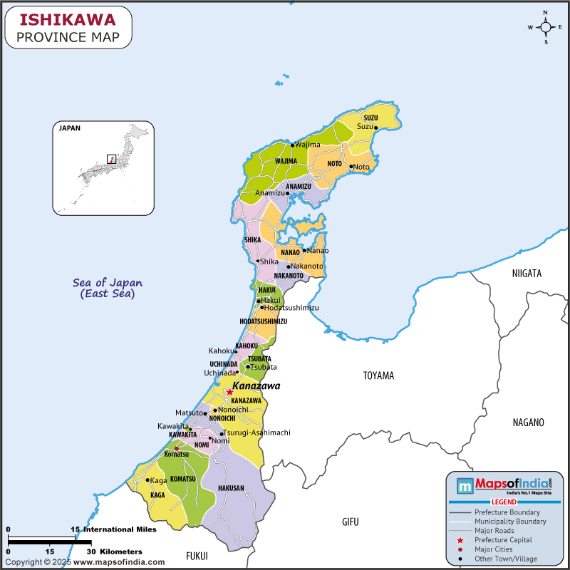 Ishikawa map showing location, boundaries, major cities and geographical features of the Republic of Ishikawa in Japan