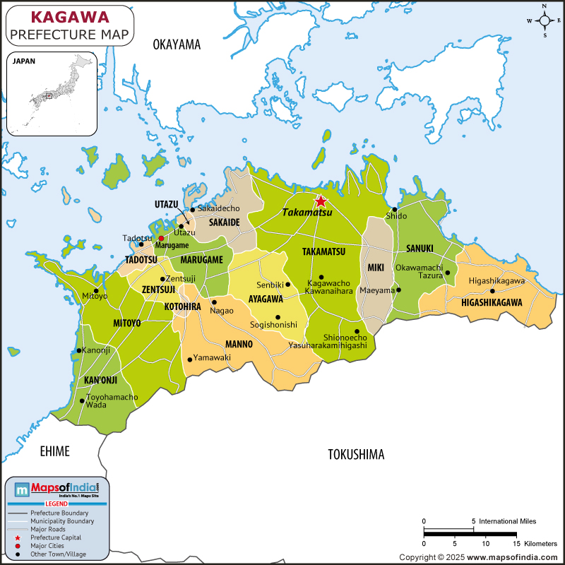 Kagawa map showing location, boundaries, major cities and geographical features of the Republic of Kagawa in Japan