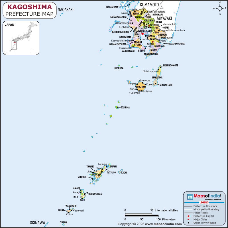 Kagoshima map showing location, boundaries, major cities and geographical features of the Republic of Kagoshima in Japan