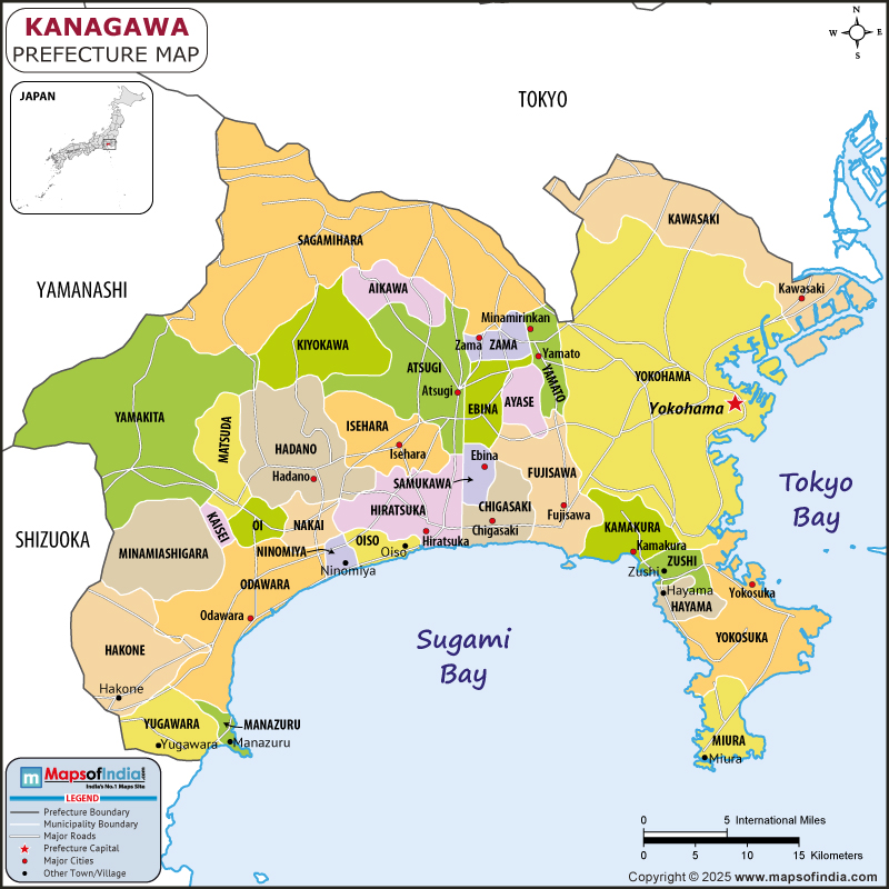 Kanagawa map showing location, boundaries, major cities and geographical features of the Republic of Kanagawa in Japan