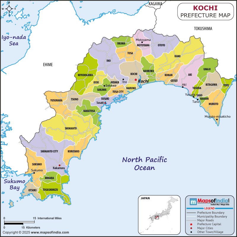 Kochi Map | Location and Geography of Kochi Japan Kochi map showing location, boundaries, major cities and geographical features of the Republic of Kochi in Japan