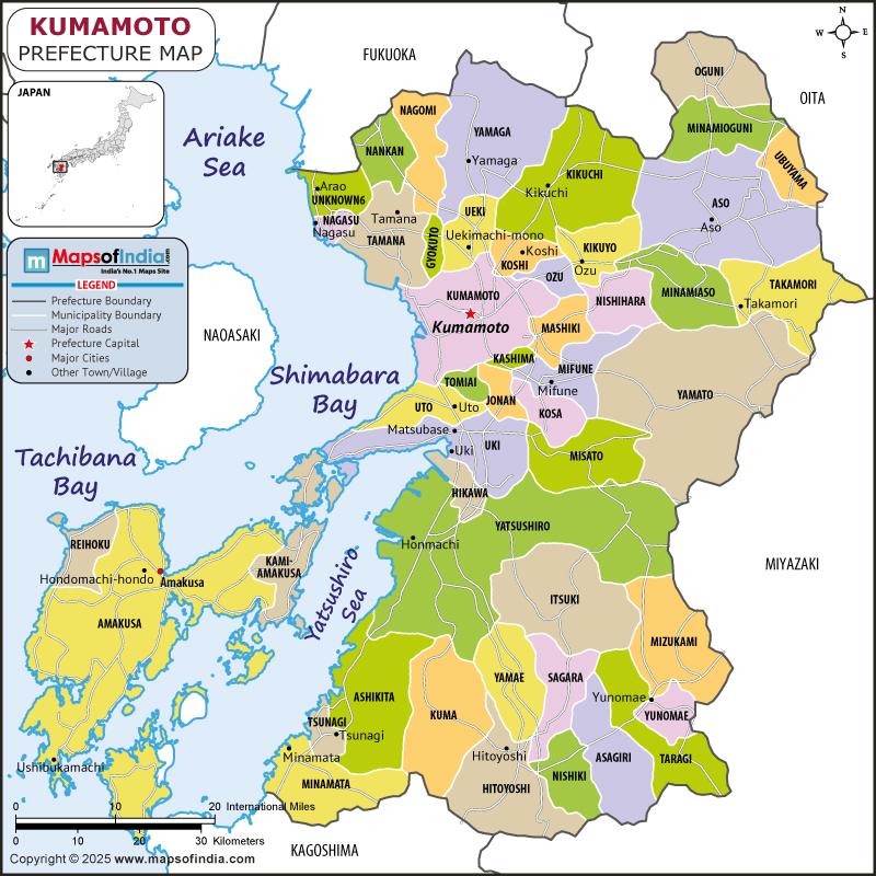 kumamoto Map | Location and Geography of kumamoto Japan kumamoto map showing location, boundaries, major cities and geographical features of the Republic of kumamoto in Japan