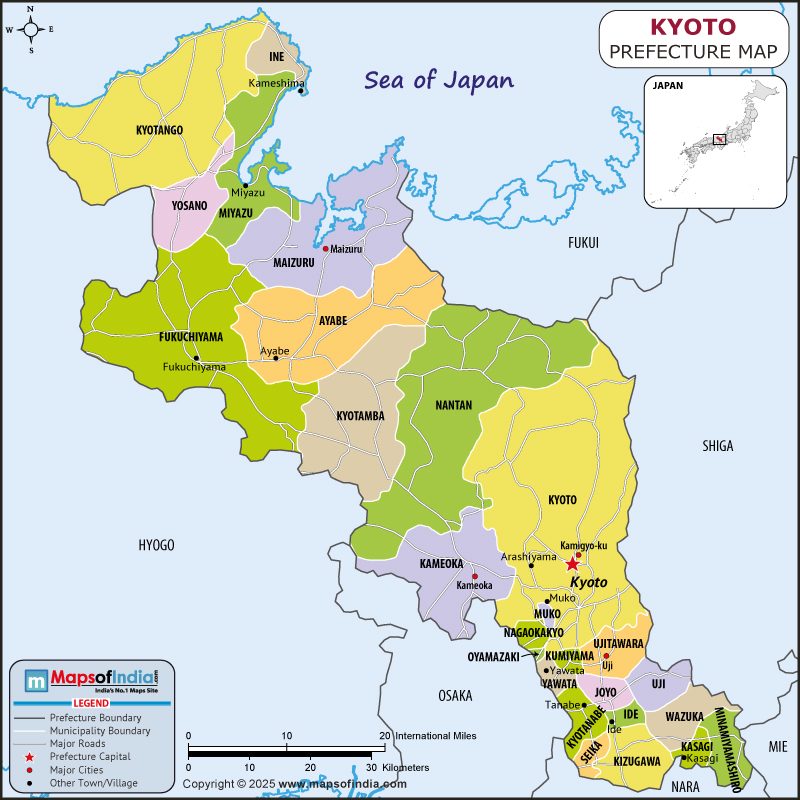 Kyoto map showing location, boundaries, major cities and geographical features of the Republic of Kyoto in Japan