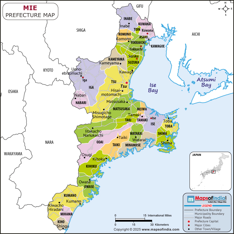 Mie map showing location, boundaries, major cities and geographical features of the Republic of Mie in Japan