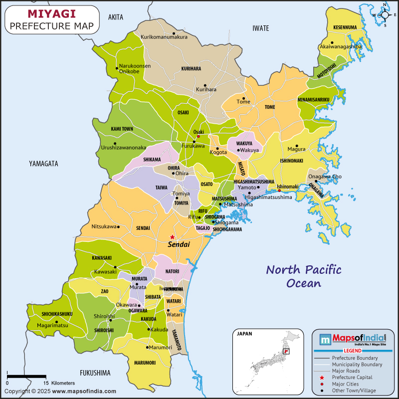 Miyagi map showing location, boundaries, major cities and geographical features of the Republic of Miyagi in Japan