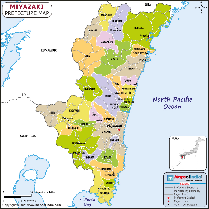 miyazaki map showing location, boundaries, major cities and geographical features of the Republic of miyazaki in Japan