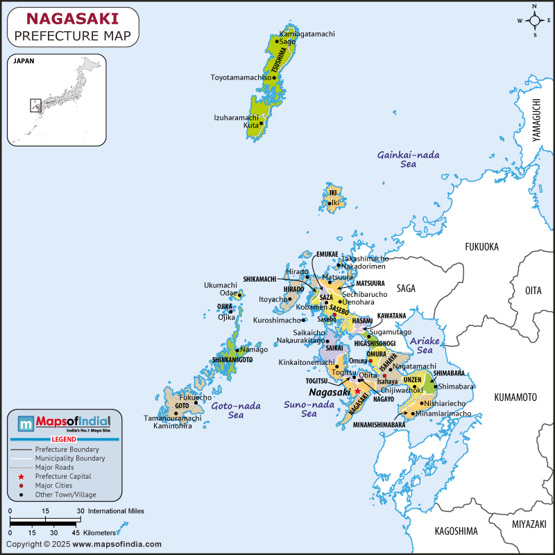 nagasaki Map | Location and Geography of nagasaki Japan nagasaki map showing location, boundaries, major cities and geographical features of the Republic of nagasaki in Japan