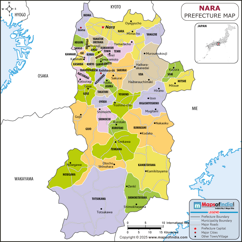 Nara map showing location, boundaries, major cities and geographical features of the Republic of Nara in Japan