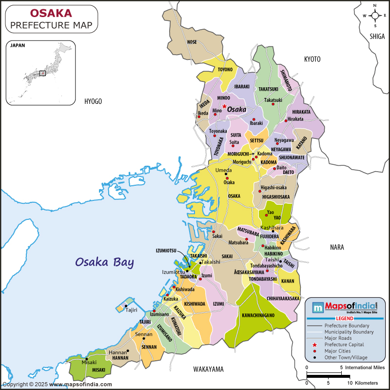 Osaka map showing location, boundaries, major cities and geographical features of the Republic of Osaka in Japan