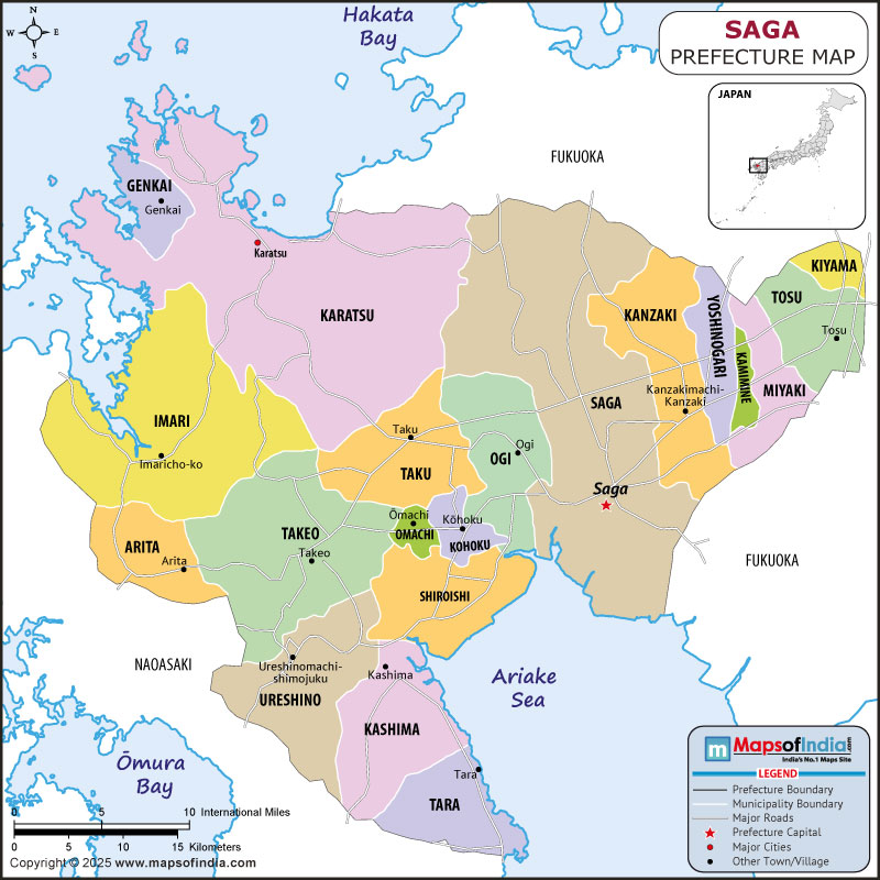 Saga map showing location, boundaries, major cities and geographical features of the Republic of Saga in Japan