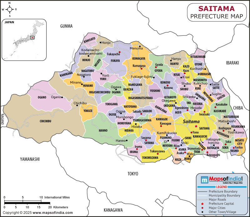 Saitama map showing location, boundaries, major cities and geographical features of the Republic of Saitama in Japan