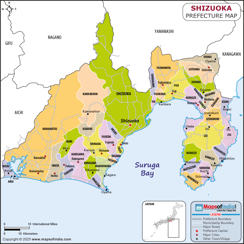 Shizuoka map showing location, boundaries, major cities and geographical features of the Republic of Shizuoka in Japan