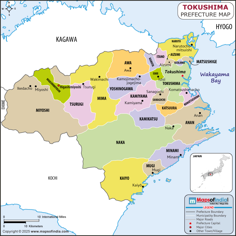 Tokushima map showing location, boundaries, major cities and geographical features of the Republic of Tokushima in Japan
