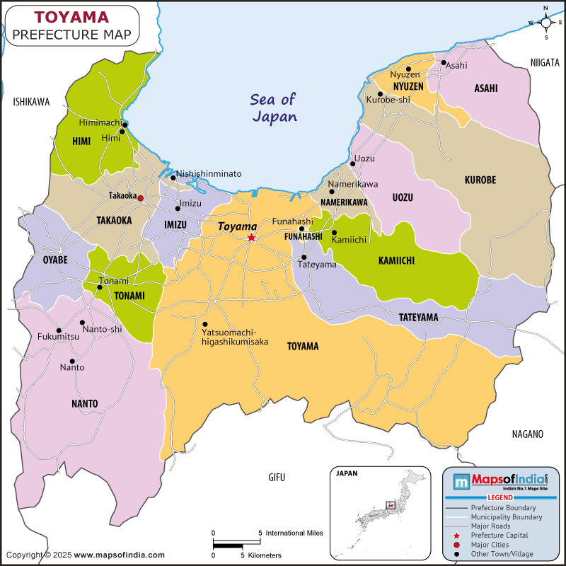 Toyama map showing location, boundaries, major cities and geographical features of the Republic of Toyama in Japan