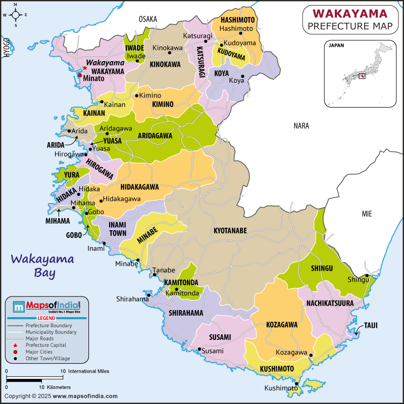 Wakayama map showing location, boundaries, major cities and geographical features of the Republic of Wakayama in Japan