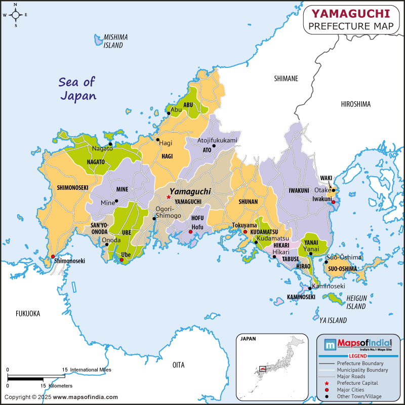 Yamaguchi map showing location, boundaries, major cities and geographical features of the Republic of Yamaguchi in Japan
